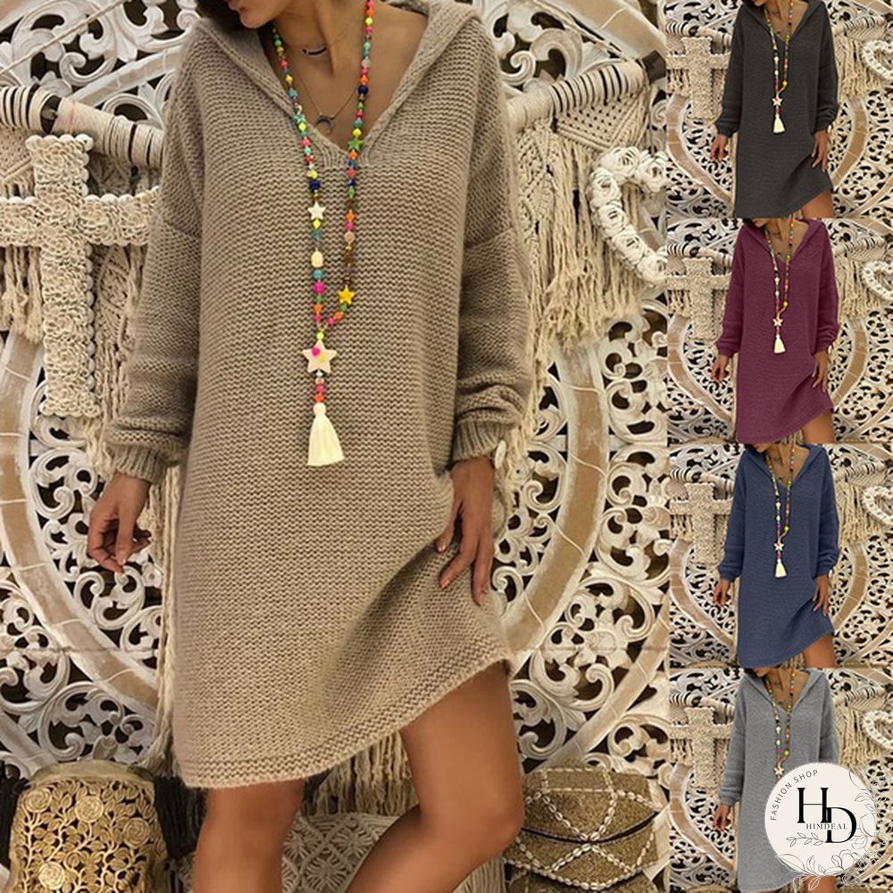 5 Color Autumn New Women Fashion Casual Style Long Sleeve Knitted Sweater Solid Color Knitted Dress Long Hooded Pullovers Sweater Plus Size