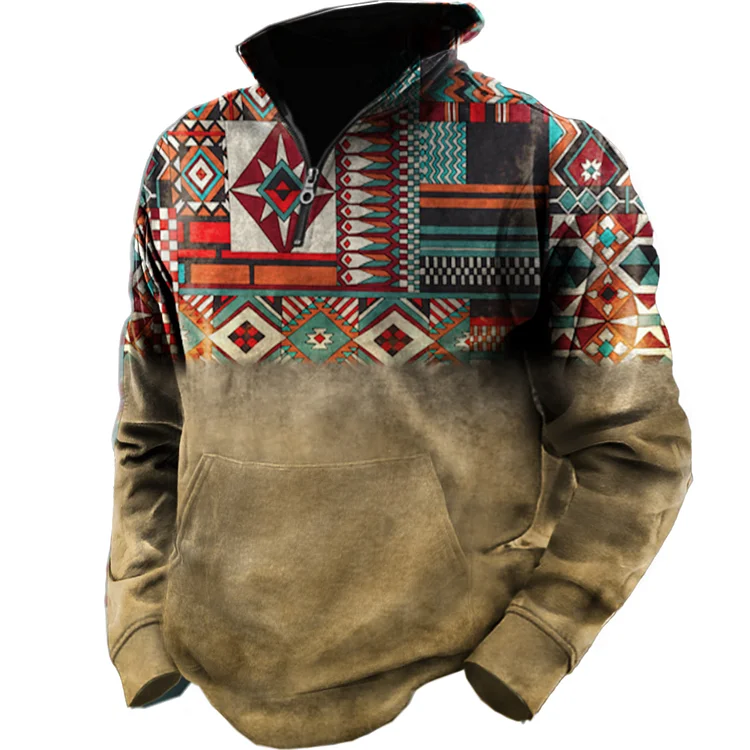 Men's Vintage Ethnic Print Zip Up Collar Pocket Sweatshirt c18f