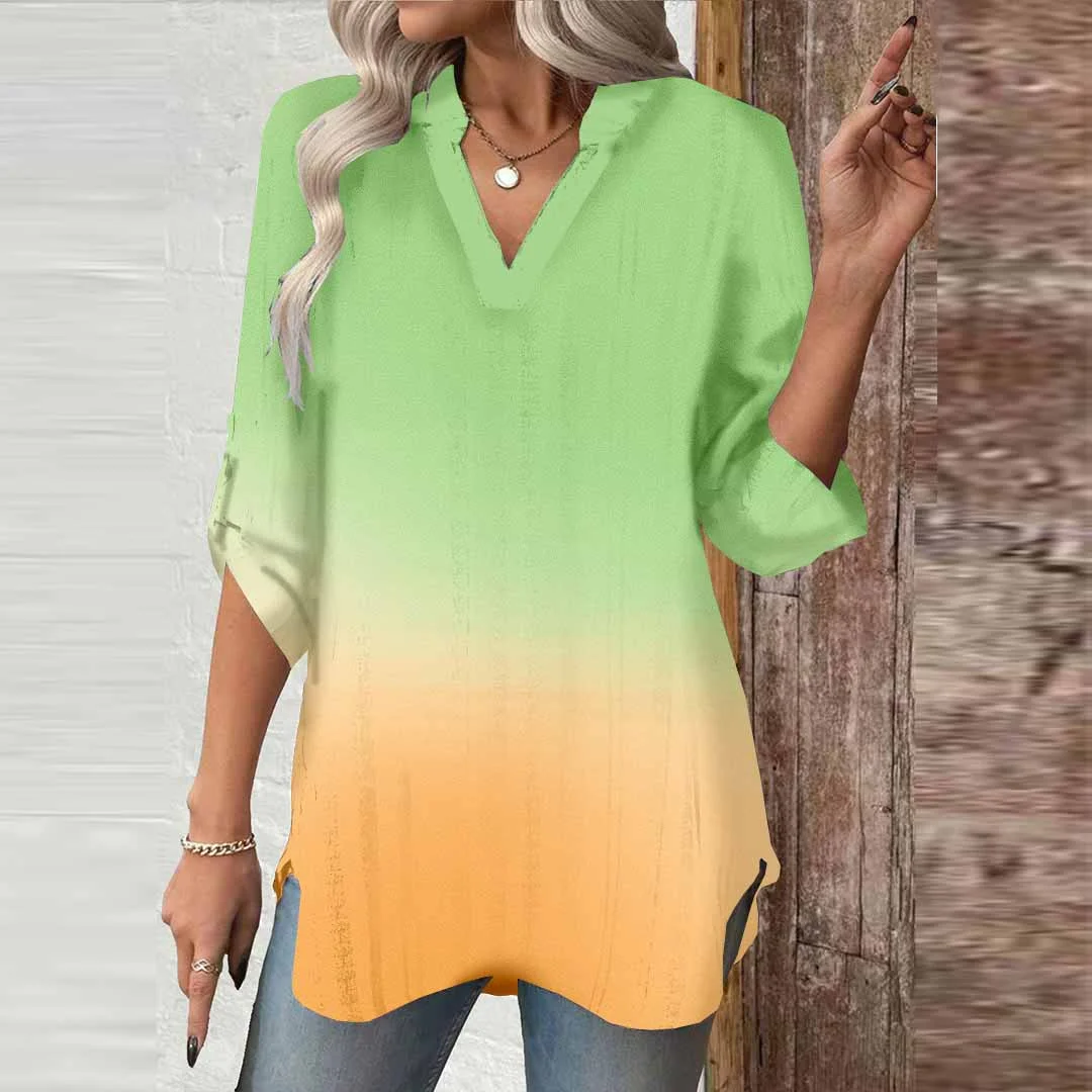 Women Gradient,Green,Yellow DZGA0670 3/4 Sleeve V-neck Printed Graphic Button Tops
