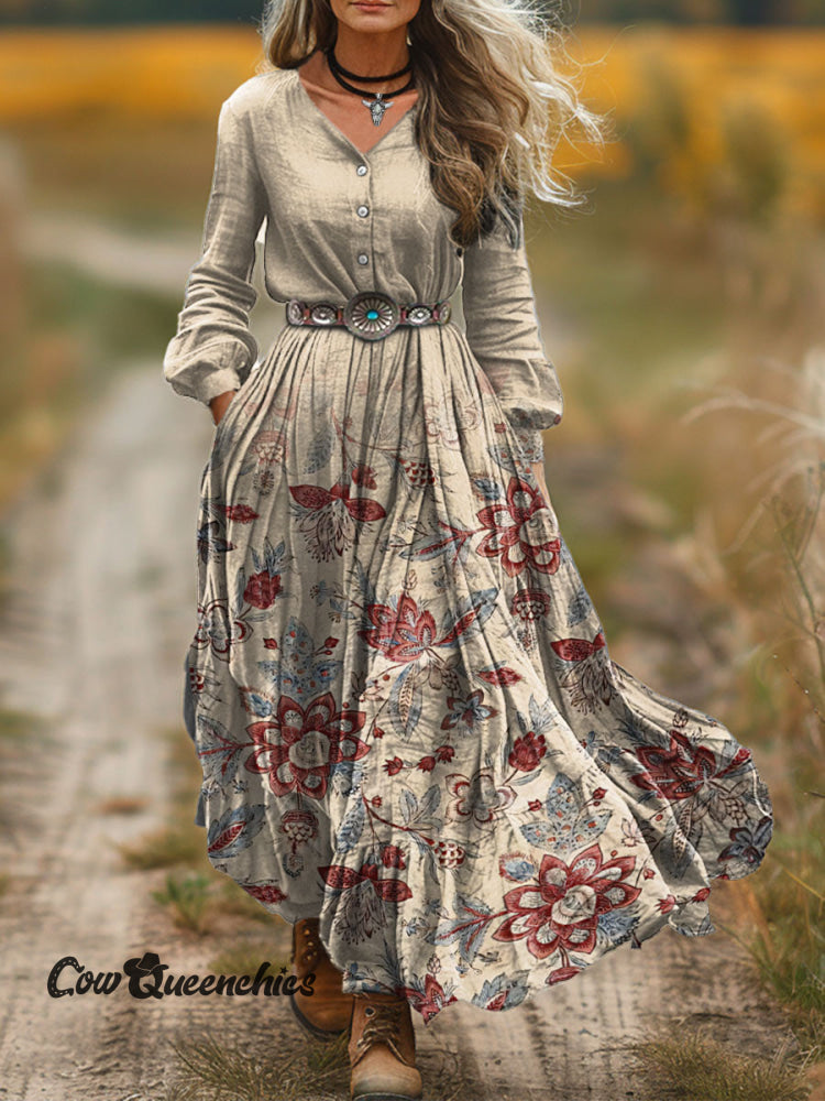 Women’s Gradient Vintage Floral Print V-Neck Button-Down Maxi Dress Beige / S