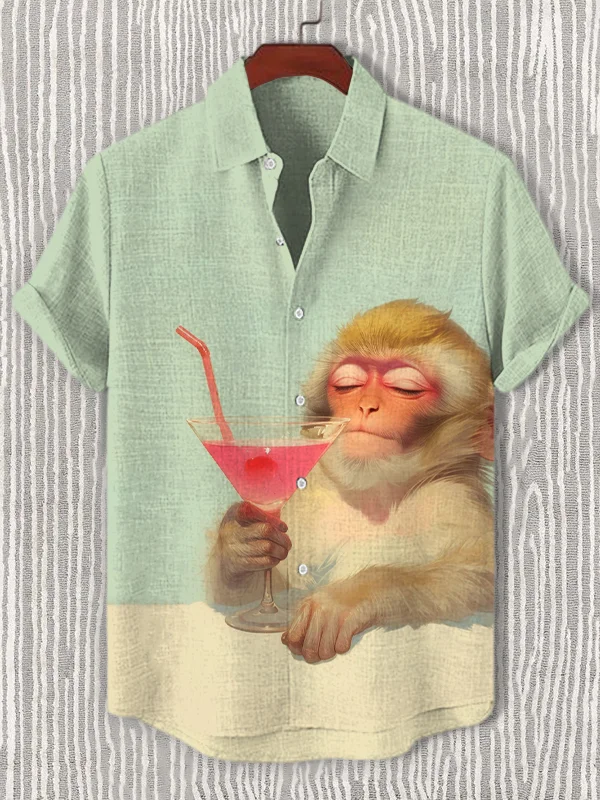 Men's Vacation Monkey Drinking Print Casual Shirt
