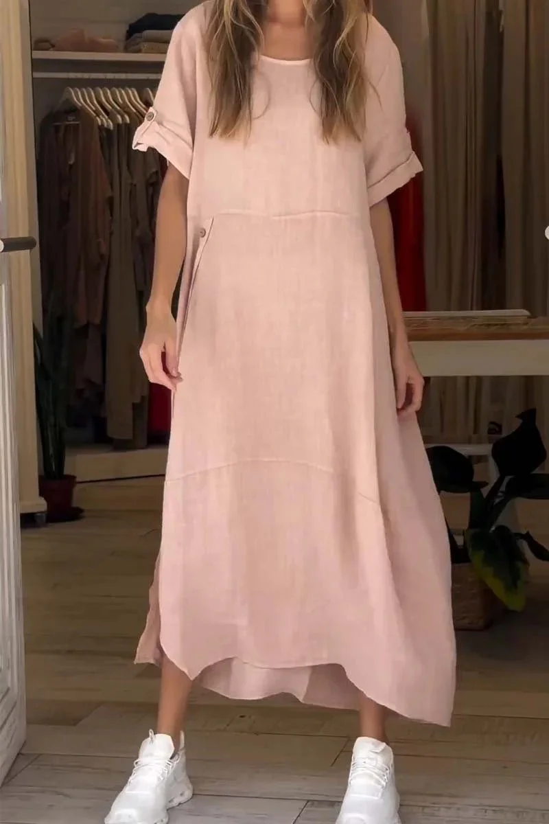 Nigikala Nigikala 2025 Women's Summer Style Relaxed Casual Solid-Sleeved Cotton Dress