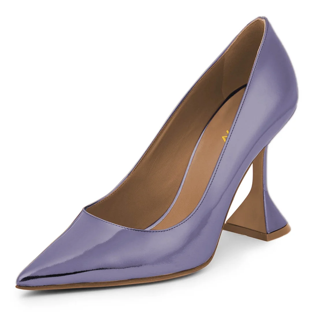 Patent Leather Pointed Toe Flared Heel Pumps Shoes in Purple