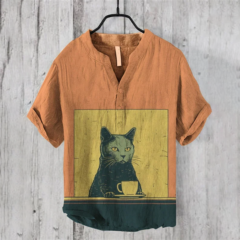  Black Cat Coffee Poster Art Print Half Button Linen Blend Shirt Westsshops