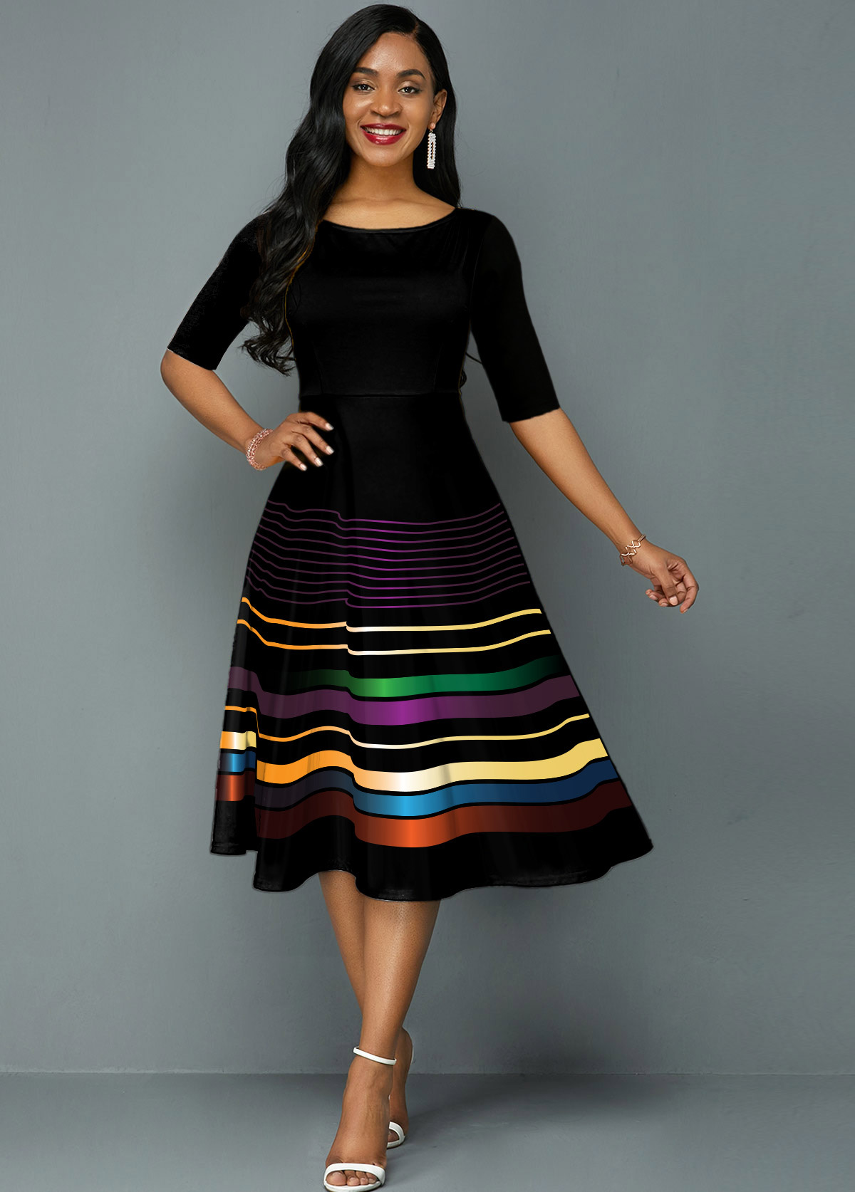Mature Women's Printed Striped Round Neck Knitted Dress