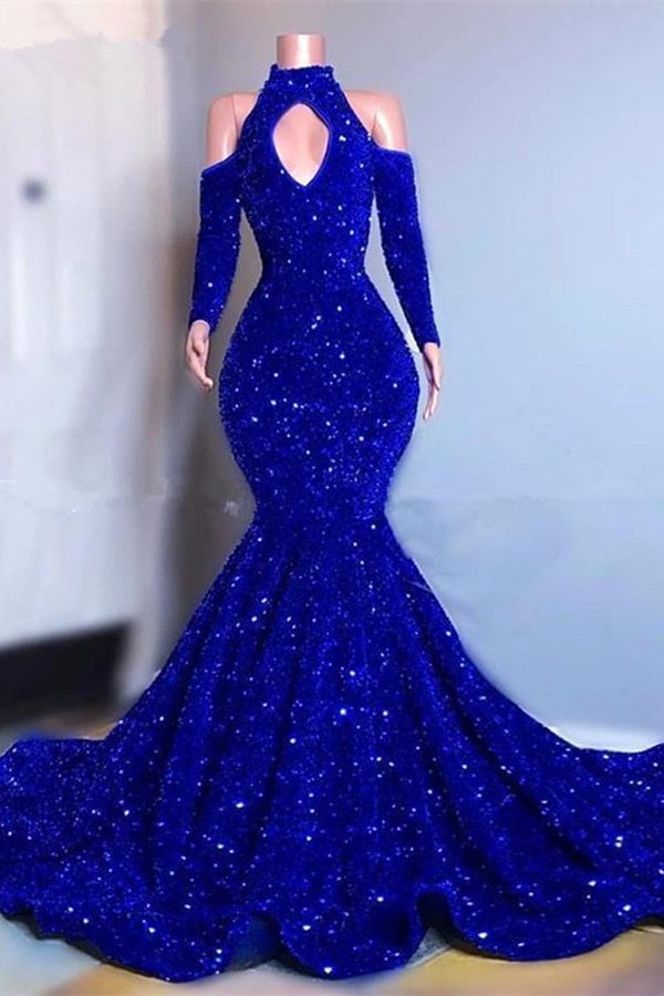 Royal Blue High Collar Long Sleeves Mermaid Long Prom Dress With Sequins | Ballbellas Ballbellas