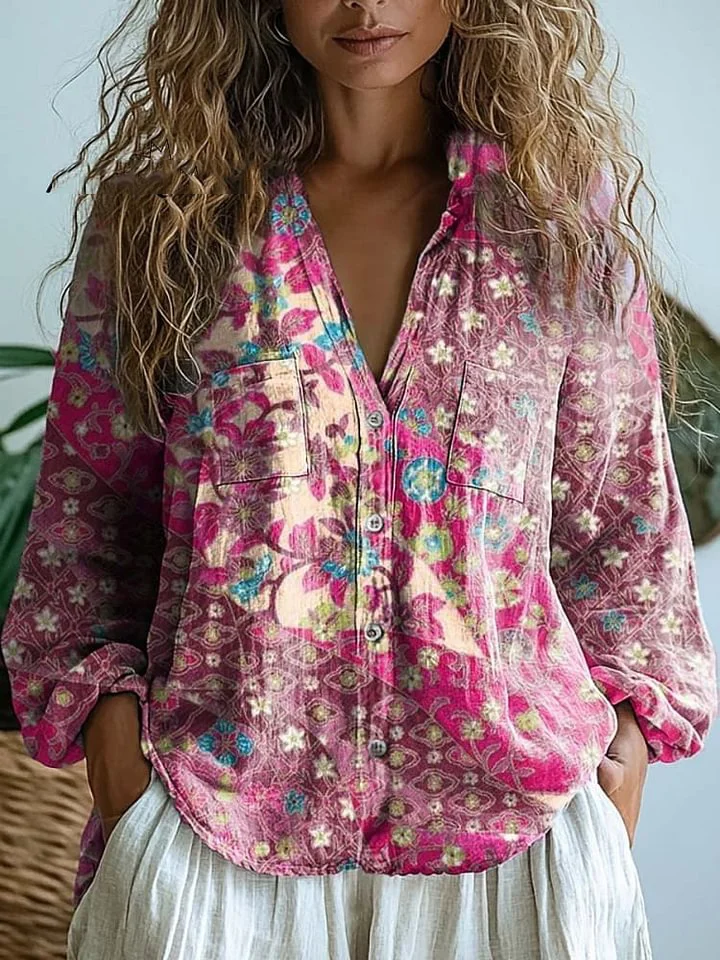 Women's Vintage Floral Art Print Casual Long Sleeve Comfortable Cotton Shirt