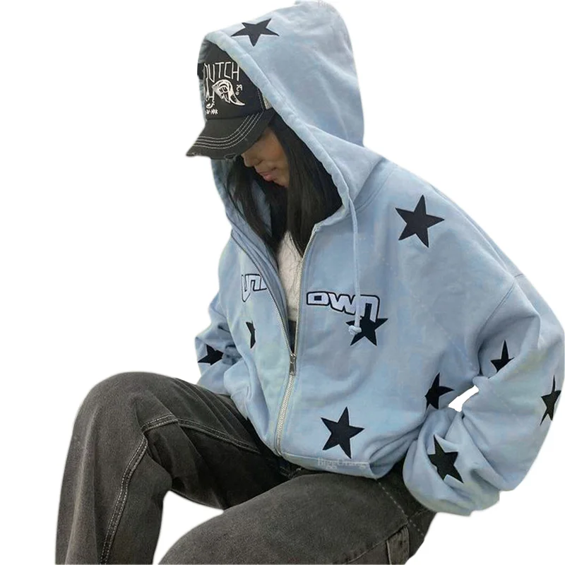 Women Hooded Coat Long Sleeve Loose Star Letter Printed Drawstring Hat Jackets With Pockets Y2k Aesthetic Streetwear