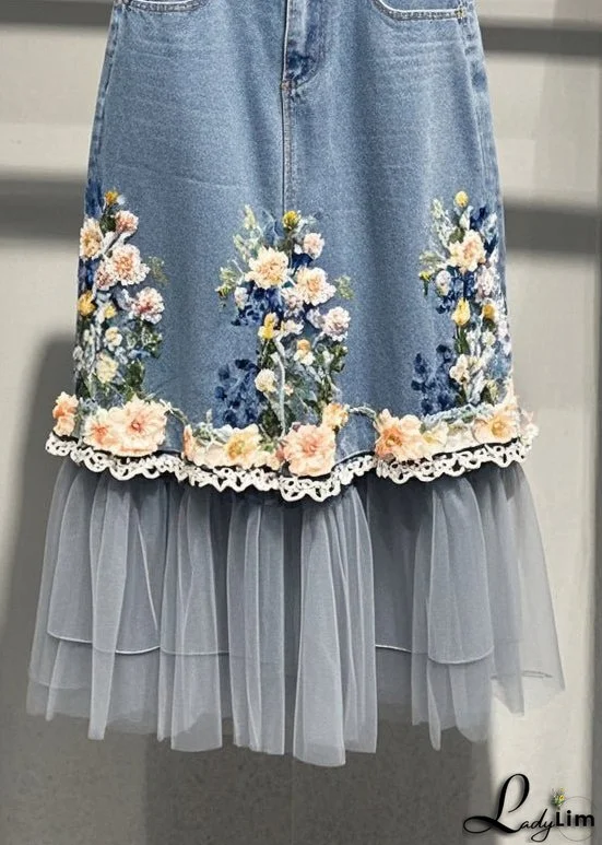 Beautiful Blue Flower Patchwork Tulle Denim Skirts Fall