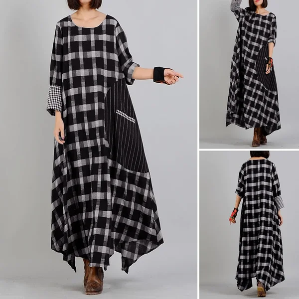 Zanzea Women Casual Loose Baggy Kaftan Maxi Dress Long Sleeve O Neck Check Plaid Dresses