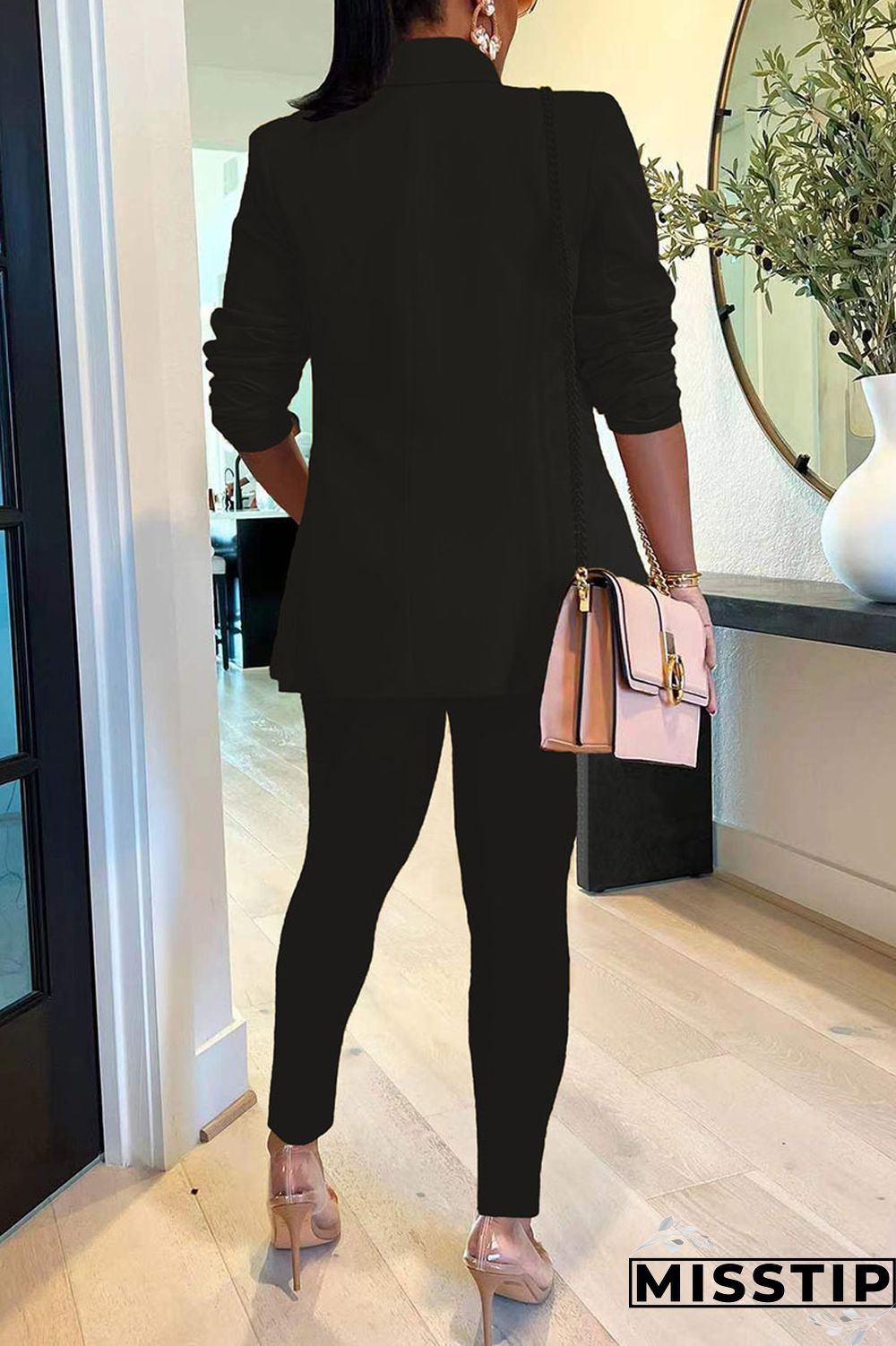 Black Casual Solid Patchwork Turn-back Collar Long Sleeve Two Pieces