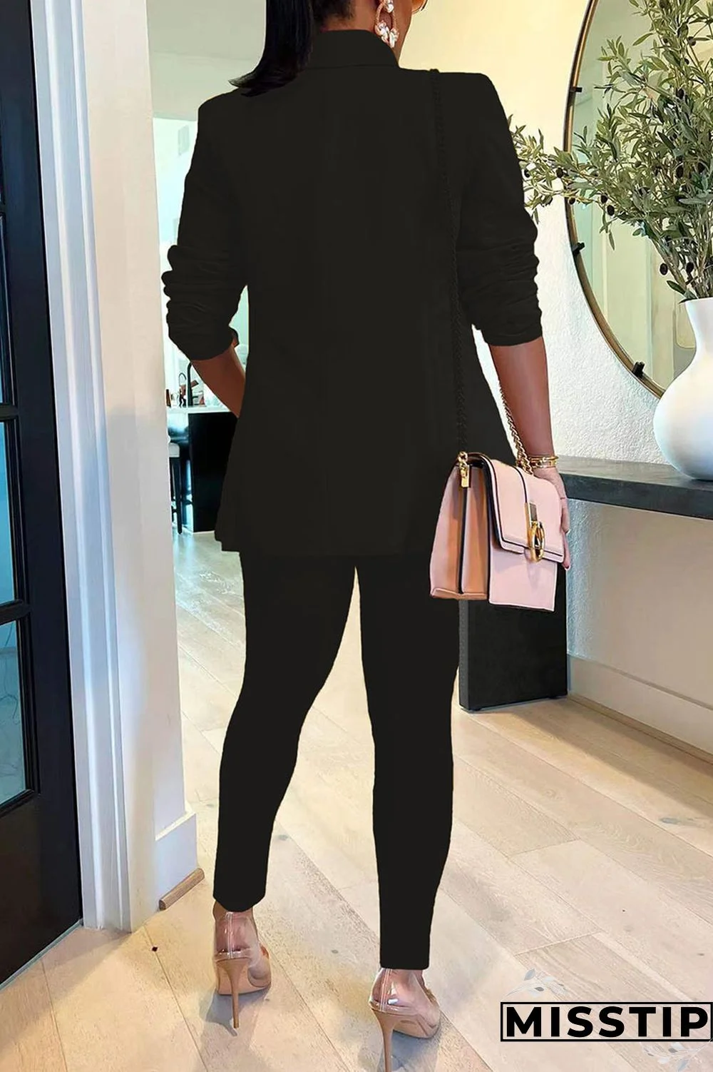 Black Casual Solid Patchwork Turn-back Collar Long Sleeve Two Pieces