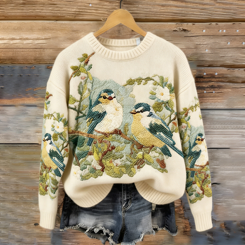 Women's Vintage Floral And Bird Pattern Cozy Knit Sweater wearshes