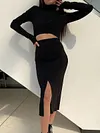 Simple Knitted High-Neck Long Sleeve Top&Split-Front Skirt Casual Suit