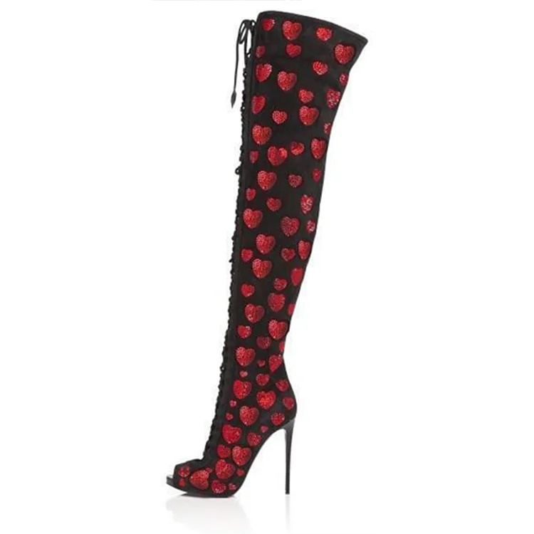 Peep Toe Lace Up Thigh Boot Women's Heart Design Shoes Stiletto Boots |FSJ Shoes