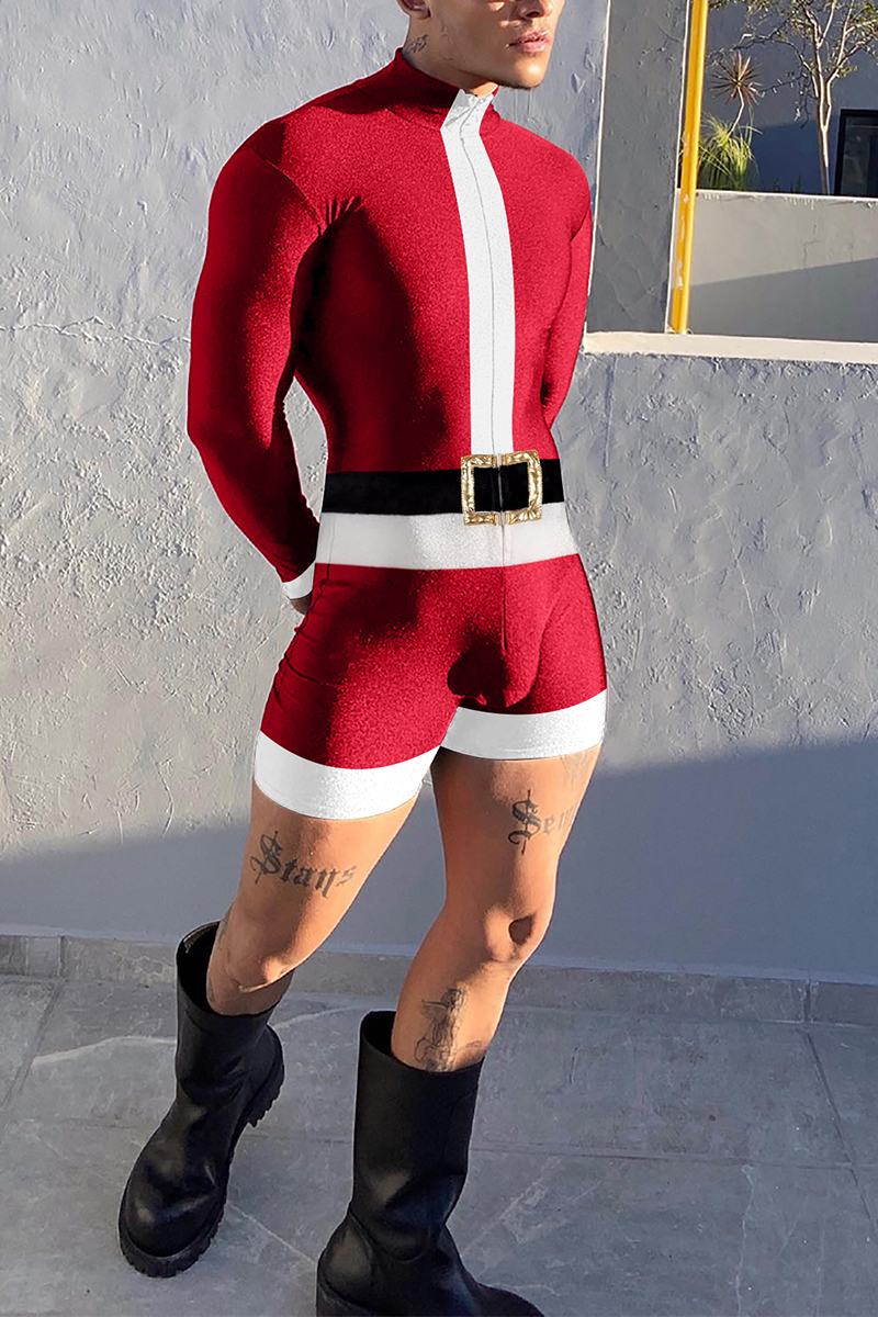 Christmas Santa Costume Colorblock Long Sleeve Bodycon Romper [Pre-Order]