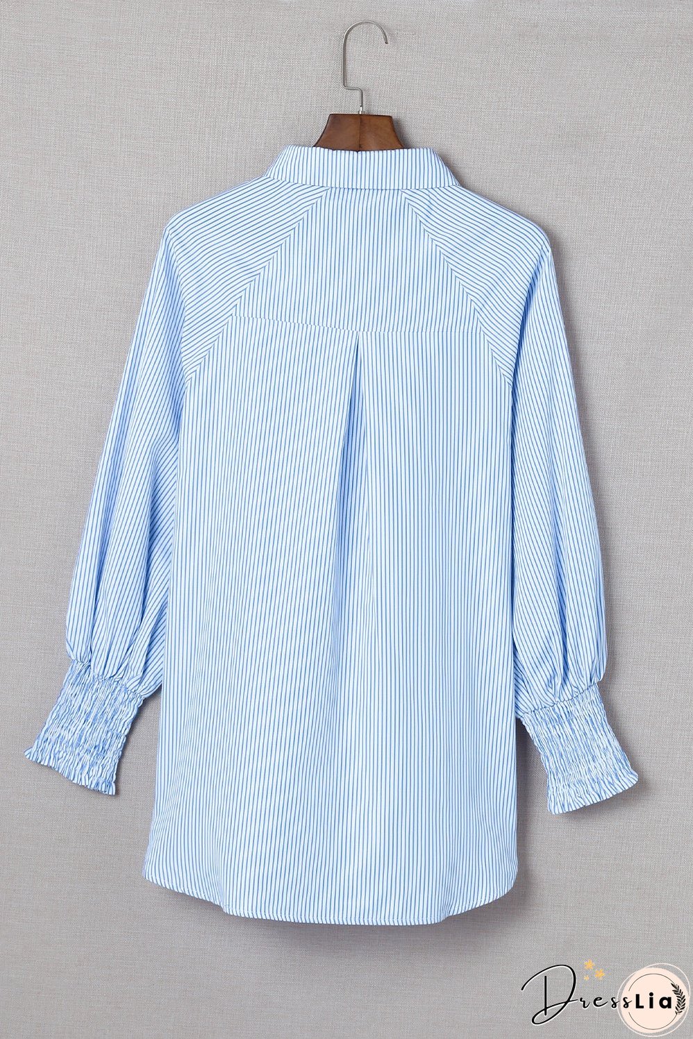 Sky Blue Smocked Cuffed Striped Boyfriend Shirt with Pocket