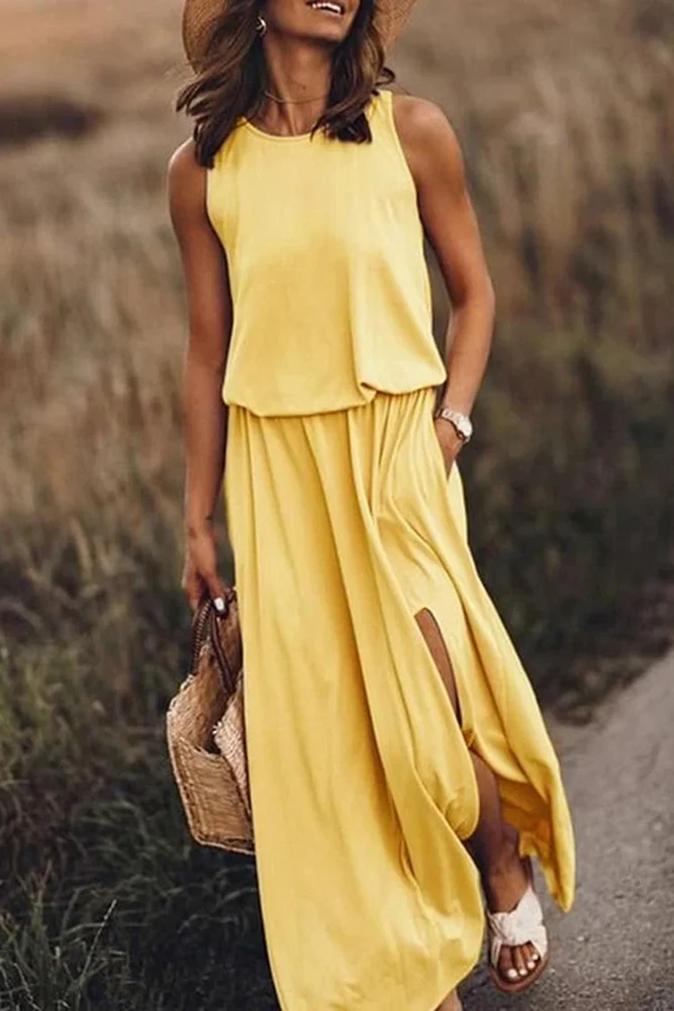 Sleeveless Solid Color Round Neck Side Pocket Slit Casual Maxi Dresses
