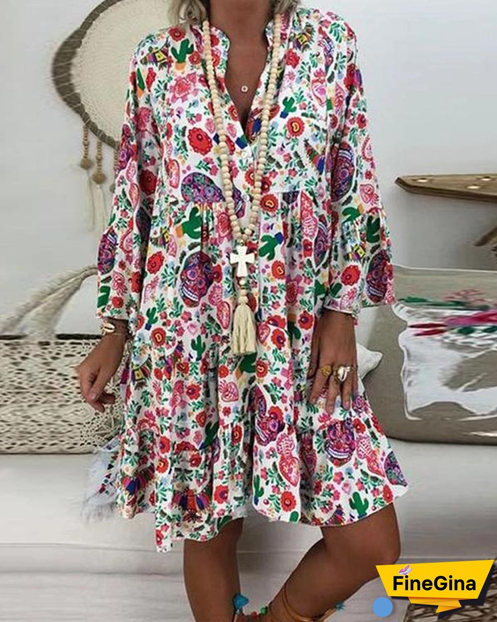 Women's Plus Size Print Mini Dress Casual Loose Dress Beach Party Dress