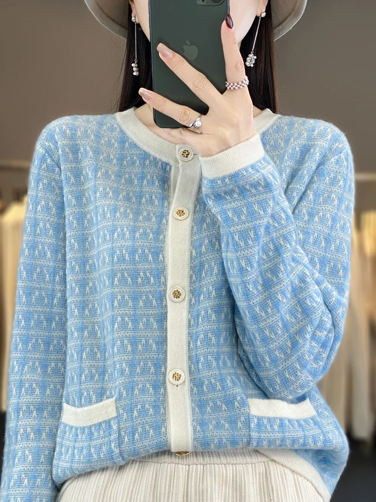 Dubeyi Fashion 100% Merino Wool Sweater Women O-Neck Cardigans Multicolor Long Sleeves Cashmere Knitwear Office Lady Grace Coat