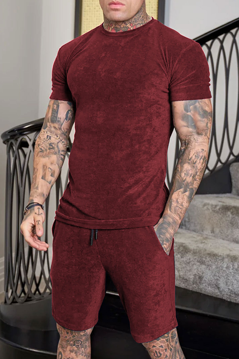 Men's Casual Suede Stretchy Top Shorts Plain Two Piece Set