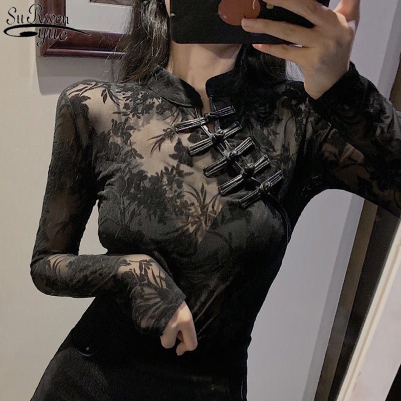 Long Sleeve Slim Chinese Y2K Turtleneck Black Sexy Blouses Top for Women 2022 New Vintage See Through Lace Women's Shirt 11350