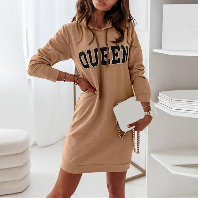 Casual Long Sleeve Autumn Hooded Sweatshirt Dress Fashion Women Loose Pullover Mini Dress Elegant Letter Print Lady Party Dress