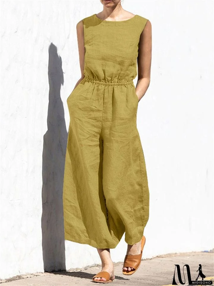 MidiSono - Summer Solid High Waist Sleeveless Lady Fashion Classy Jumpsuit