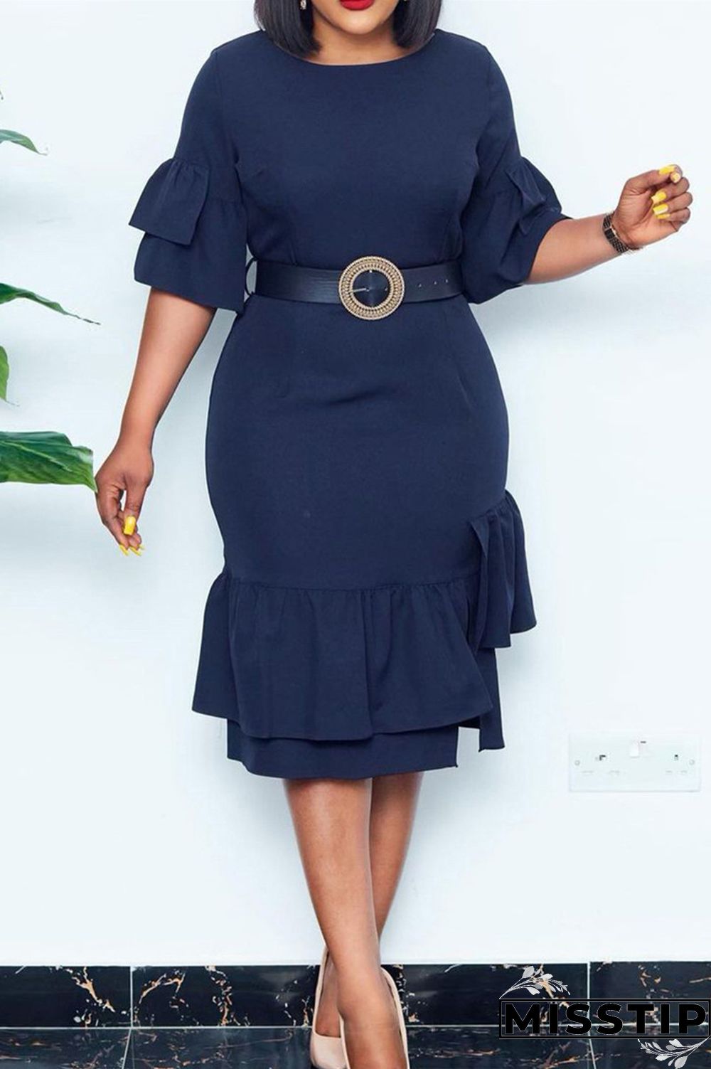 Deep Blue Fashion Casual Solid Patchwork Flounce With Belt O Neck Dresses