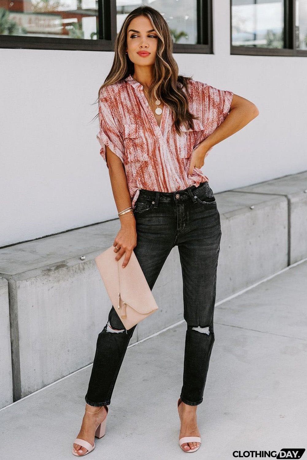 Printed Pocket Short Sleeve Blouse