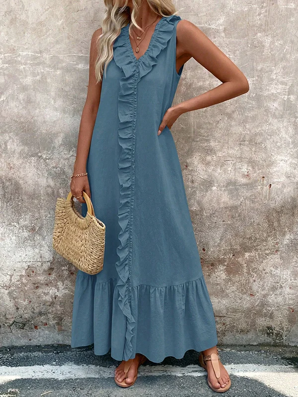 Solid Color Ruffle Trim Pleated Sleeveless Loose V-Neck Maxi Dresses