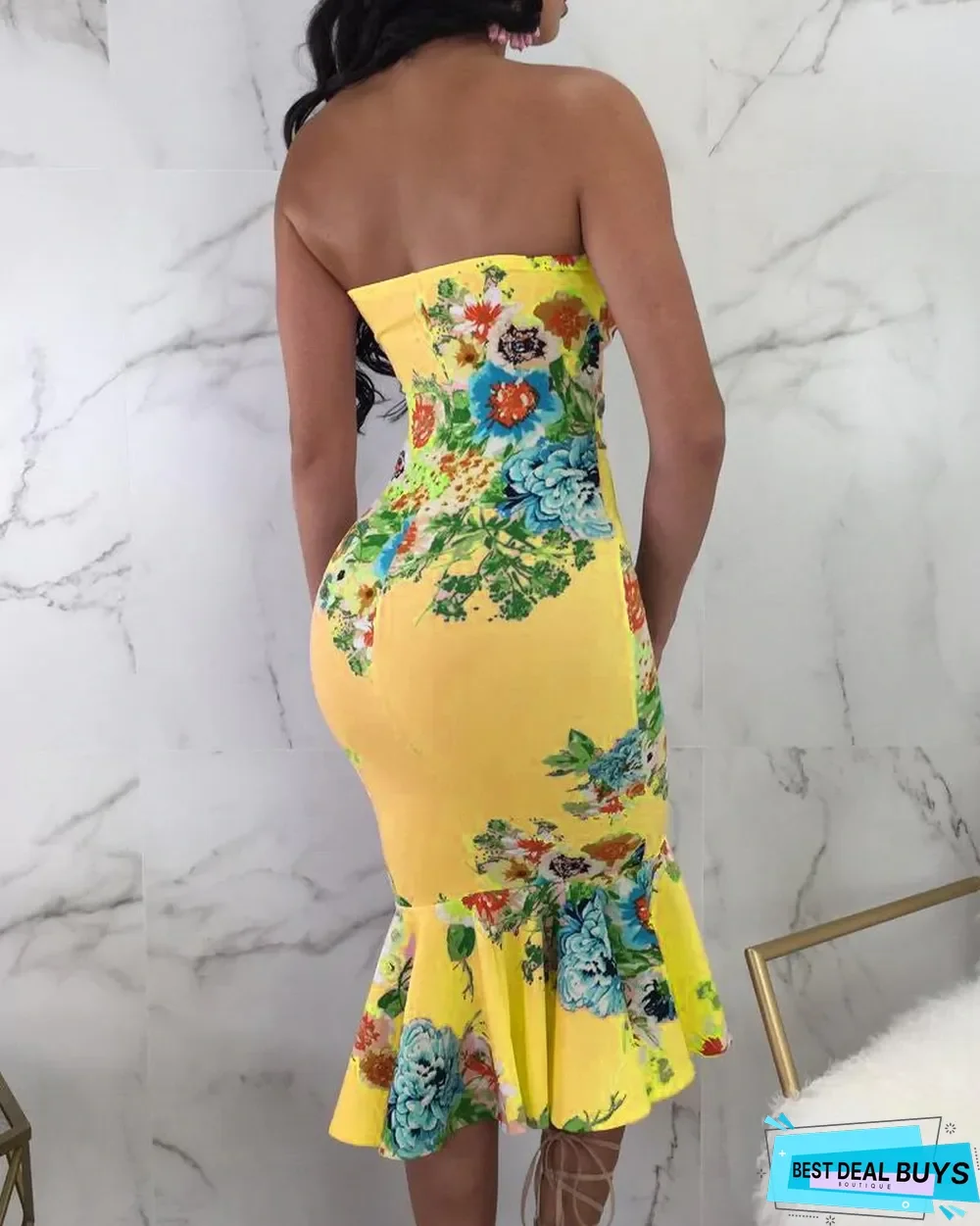 Floral Print Ruffles Hem Tube Dress