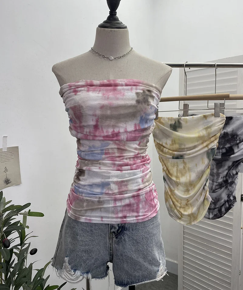 Uveng Thai-Style Splash Ink Dye Mesh Wrap Chest Vest Irregular Stacked Folded Sleeveless Top 9950