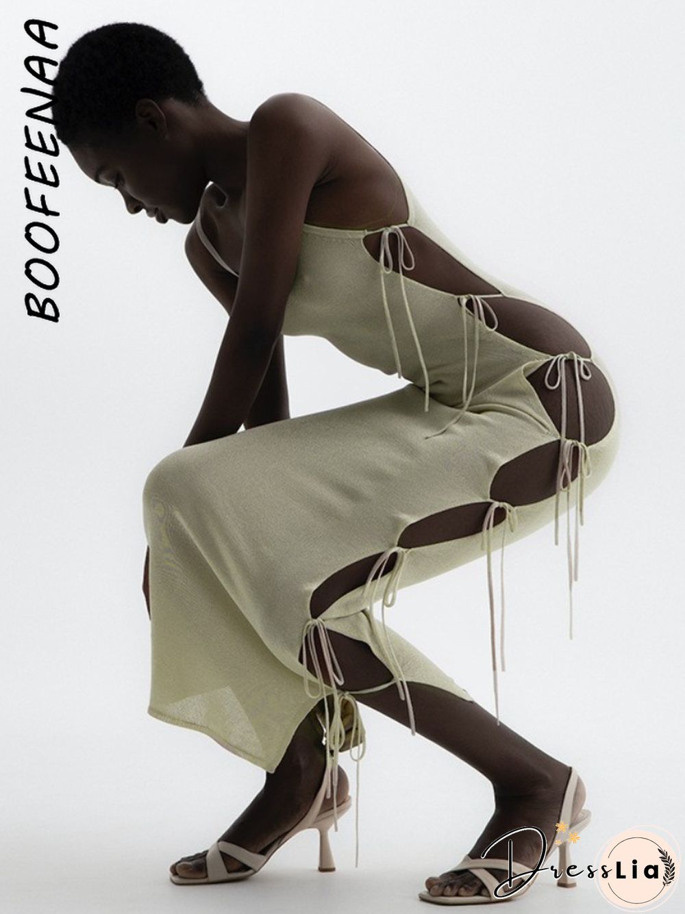 BOOFEENAA Beach Vacation Side Slit Tie Up Maxi Dress Summer OutfitsFor Women Sexy Party Nude Sheer Long Dresses C85-DZ24