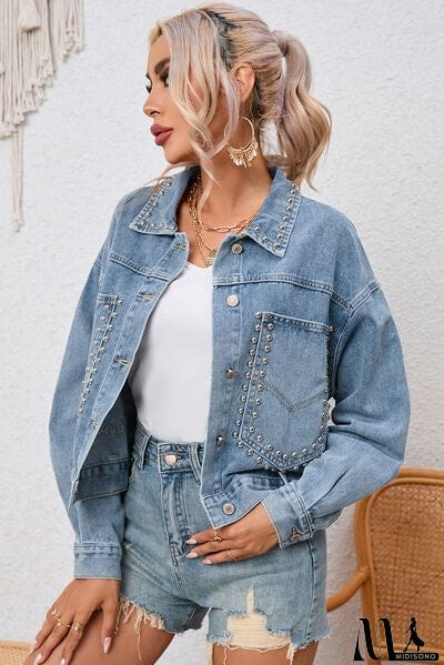 MidiSono - Studded Pocketed Button Up Denim Jacket