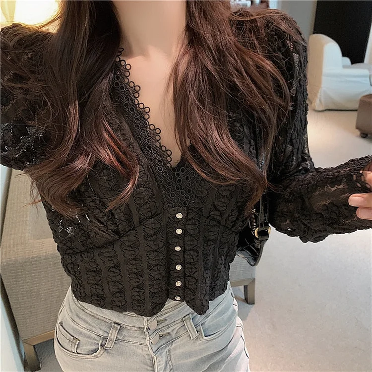 2022 Spring New Korean Style Short White Lace Shirt Women V-neck Long Sleeve Cardigan Vintage Women Blouses Elegant Blusas 11841