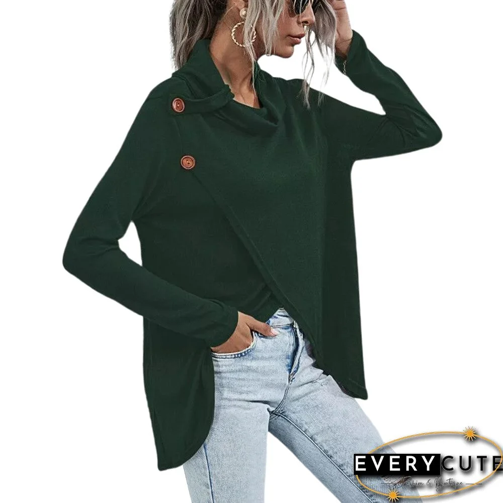 Dark Green Button Cowl Neck Asymmetric Hem Long Sleeve Tops