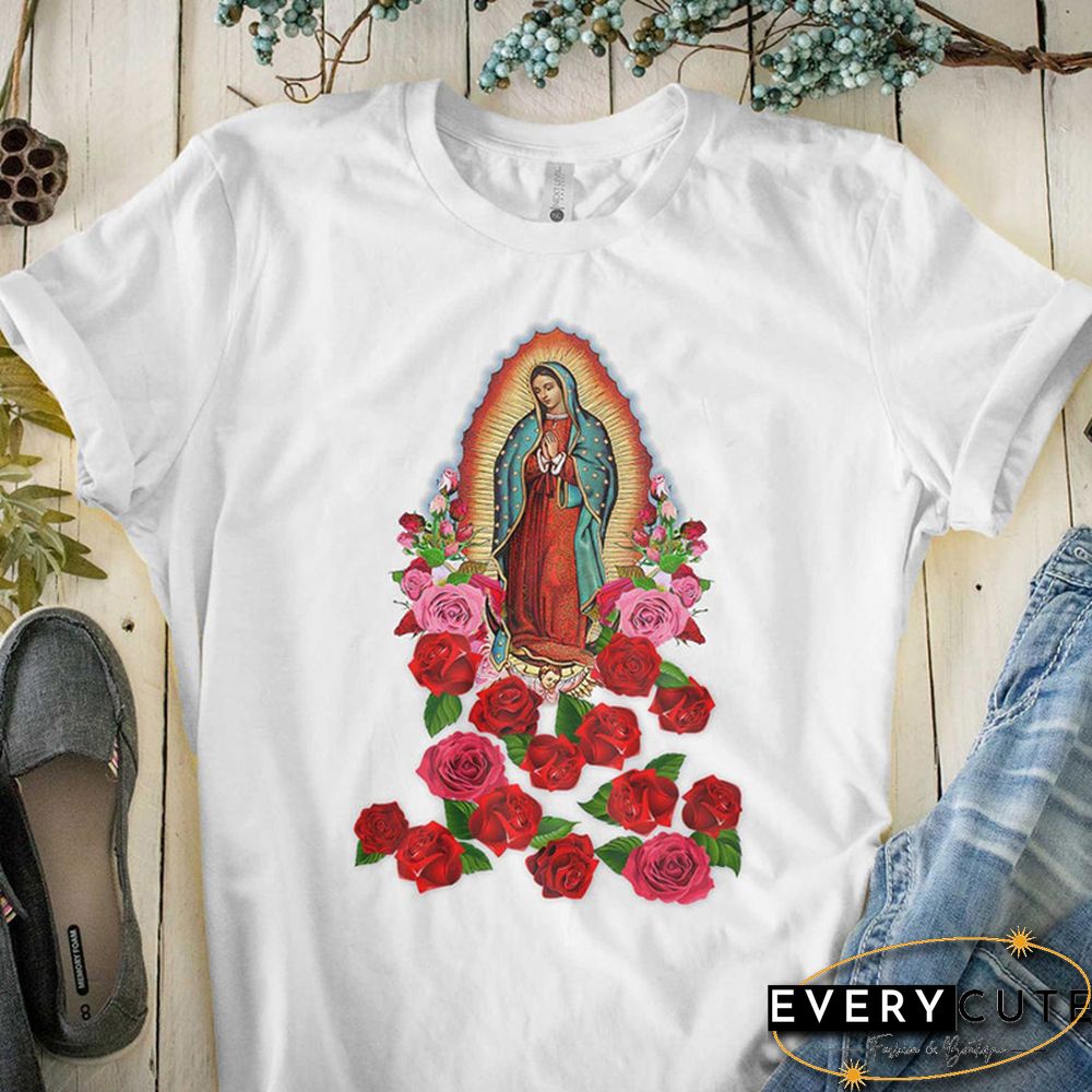 Religious Women Tshirt Cotton Virgin Mary T Shirt Causal Our LadyOf Guadalupe Tshirt Saint Christian Clothes Catholic T Shirts