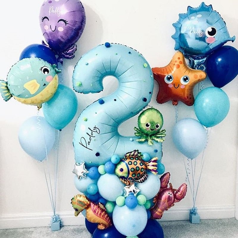 45Pcs Ocean World Under Sea Animal Balloons Blue Number Foil Balloon Kids Birthday Party Decoration Baby Shower Helium Globos