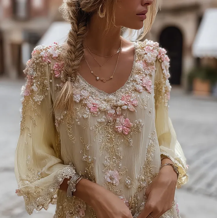 Bohemian Style Plant And Flower Embroidery Women's Round Neck Long Sleeve Cotton And Linen Top