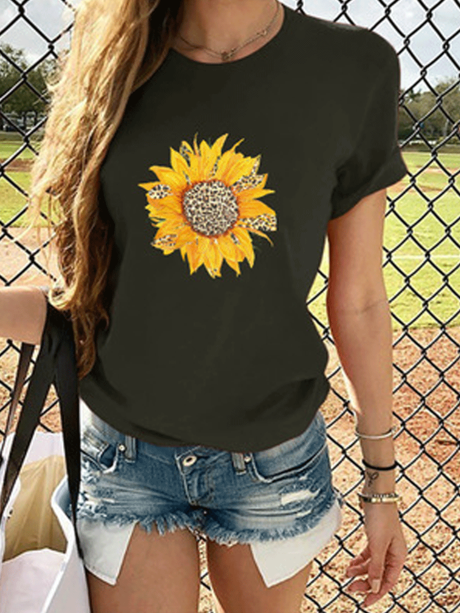 Leopard Sunflower Print Short Sleeve T-shirt