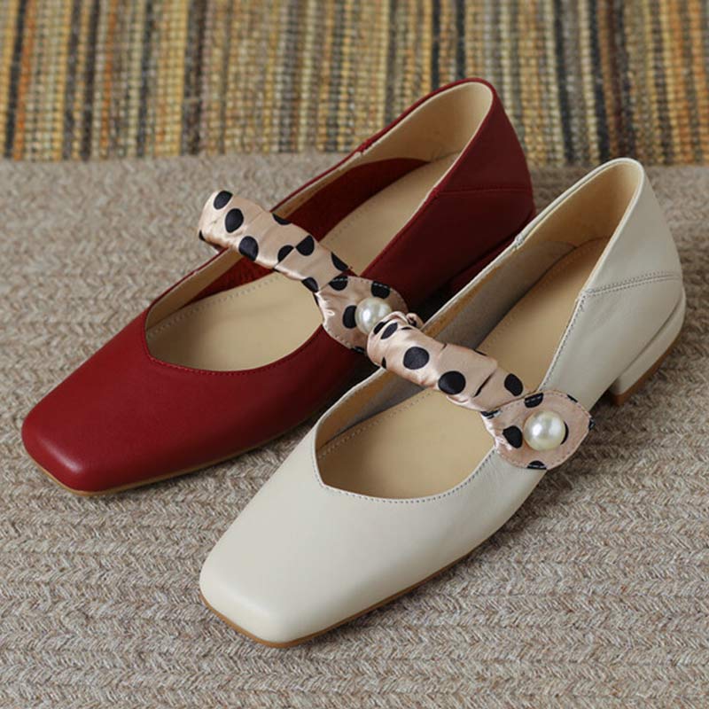 Vintage Pearl Square Toe Mary Janes Flats Shoes - Modakawa Modakawa