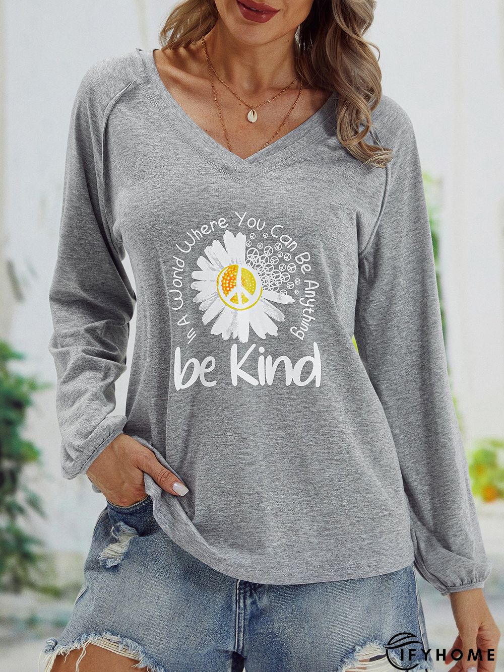 Casual V neck Long Sleeve Printed Tunic T-Shirt | IFYHOME