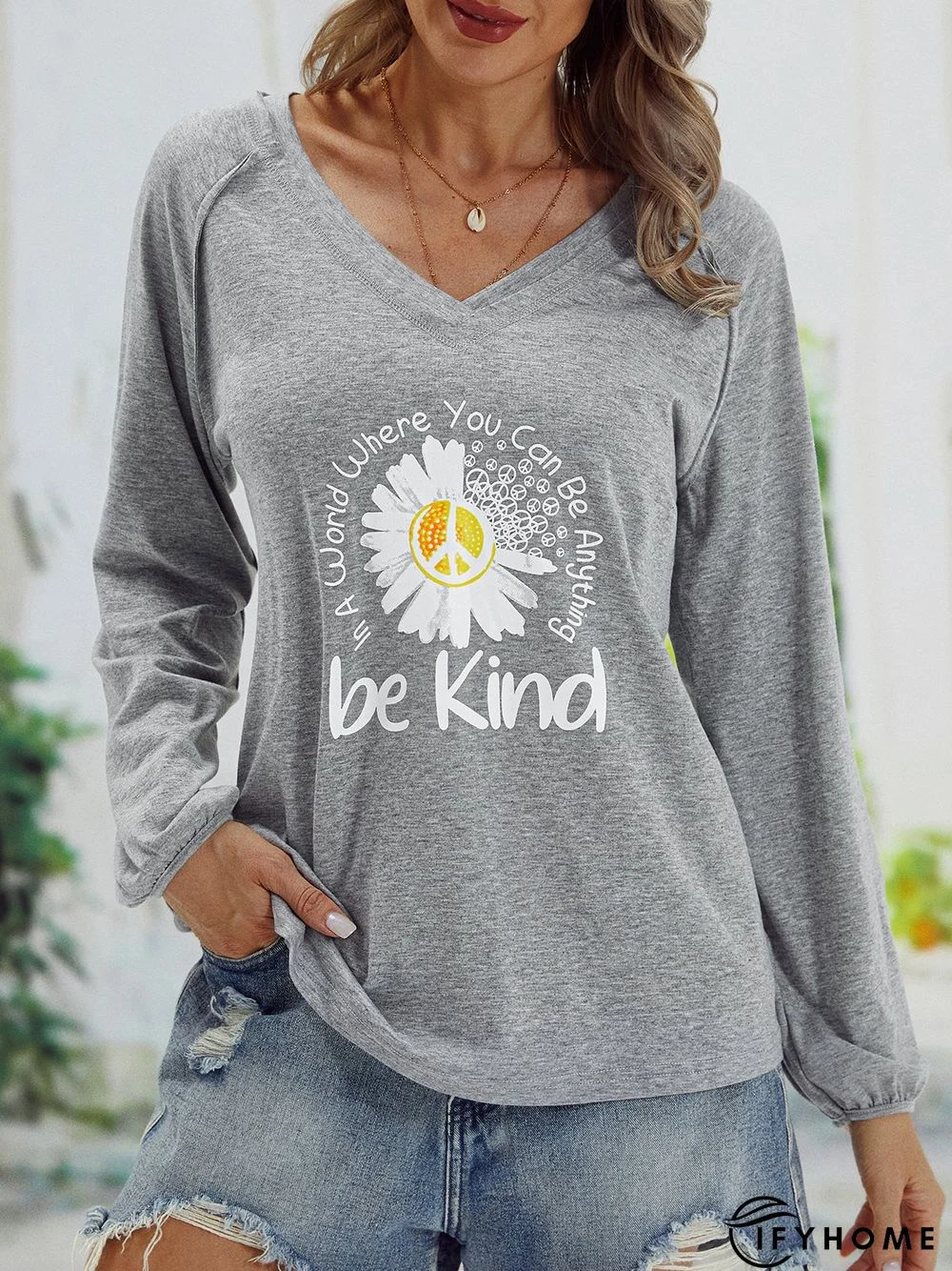 Casual V neck Long Sleeve Printed Tunic T-Shirt | IFYHOME