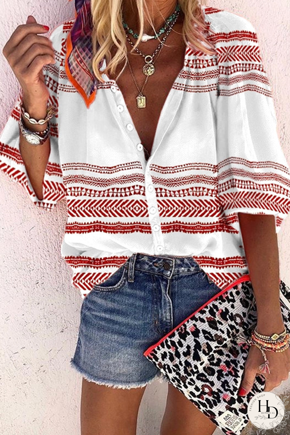 Casual Elegant Print Buckle O Neck Tops