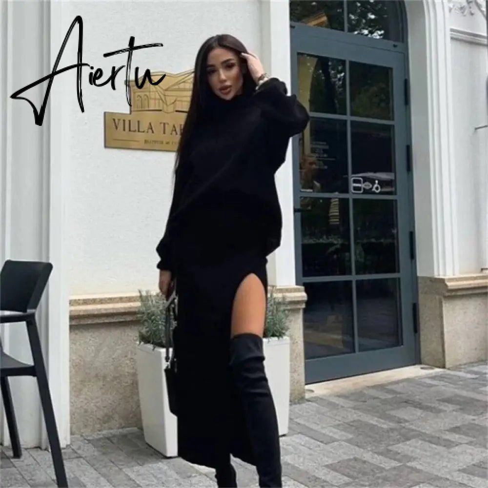 Knit Two Piece Sets Womens Outfits Casual Autumn Winter Turtleneck Sweater And Midi Skirt Sets Ladies Matching Sets Aiertu