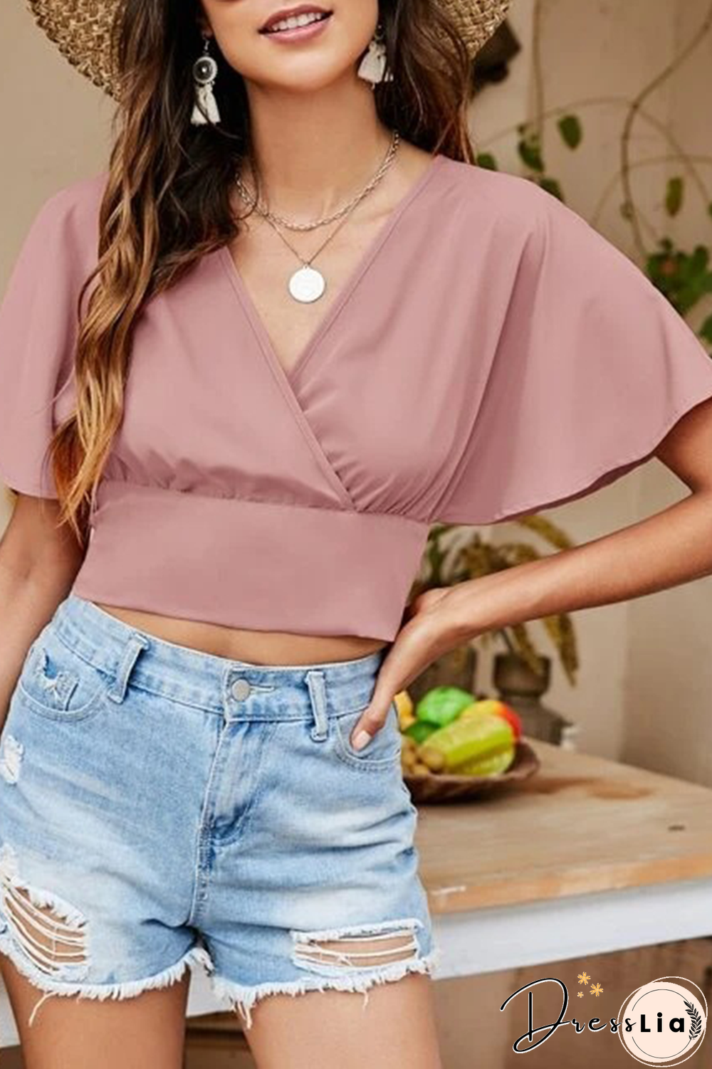 Fashion Elegant Solid Backless Strap Design V Neck Tops