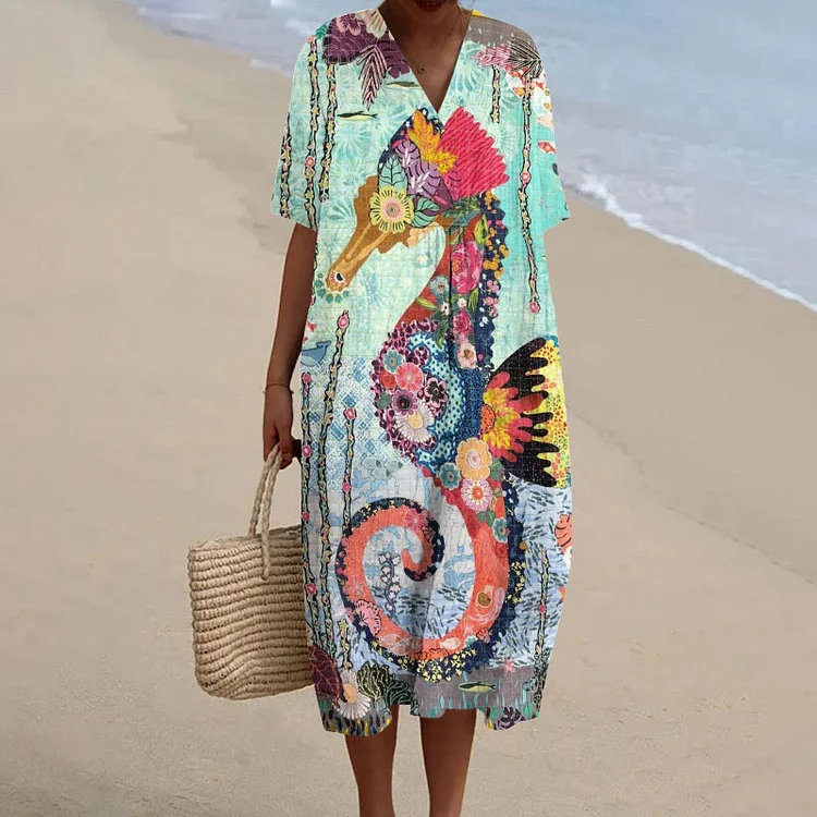 Creative Floral Composition Of Seahorse Print Short Sleeved Casual Midi Dress
