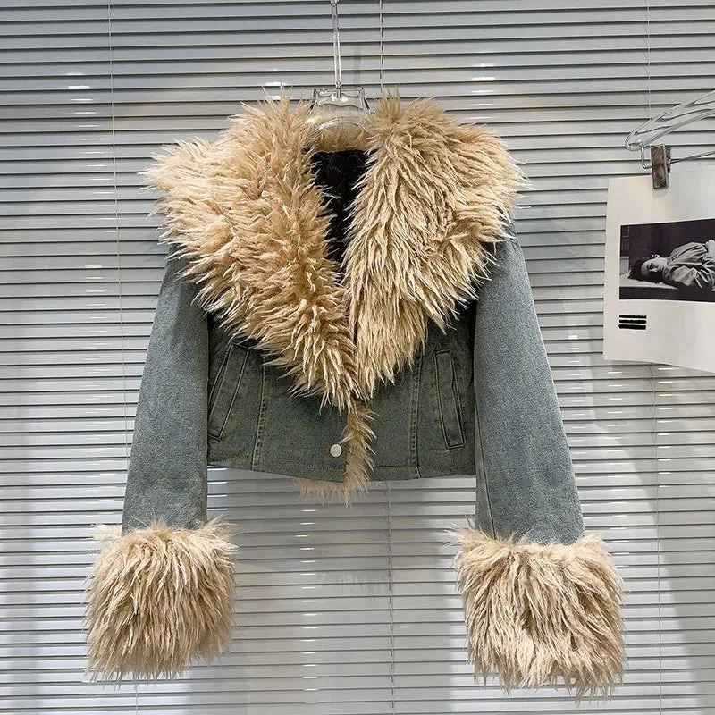 Toloer Denim Faux Fur Plush Sleeve Collar Jacket-Outfit Ideas