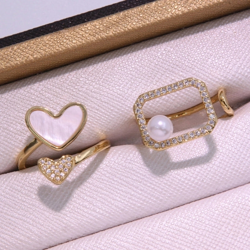 Copper 18K Gold Plated Inlay Heart Shape Artificial Pearls Shell Zircon Open Rings